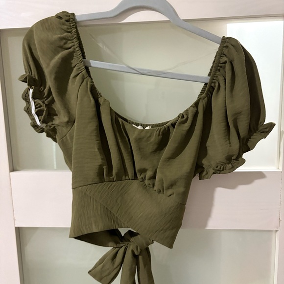 Olive Green Women's Ruffle Crop Top - Picture 1 of 3